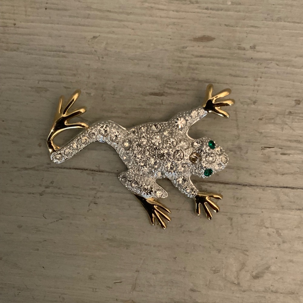 Vintage Silver & Gold Tone Bejeweled Frog Brooch‎ Pin 2.5" Good Condition